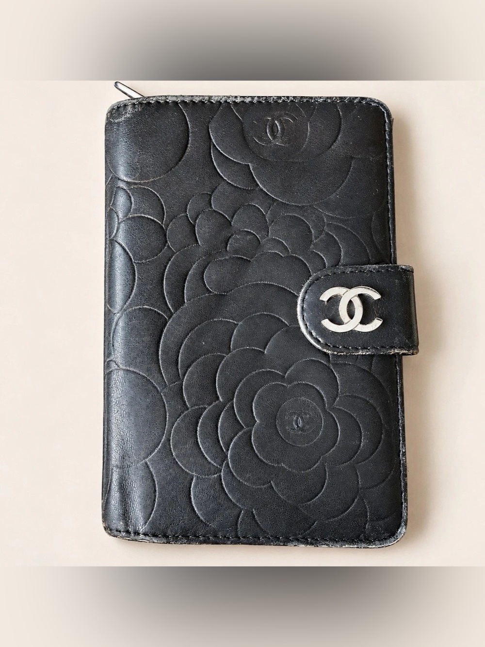 Chanel Camellia Embossed Black Leather Long Wallet Silver CC